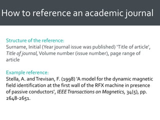 How to reference an academic journal
Structure of the reference:
Surname, Initial (Year journal issue was published) ‘Title of article’,
Title of journal,Volume number (issue number), page range of
article
Example reference:
Stella, A. andTrevisan, F. (1998) ‘A model for the dynamic magnetic
field identification at the first wall of the RFX machine in presence
of passive conductors’, IEEETransactions on Magnetics, 34(5), pp.
2648-2651.
 