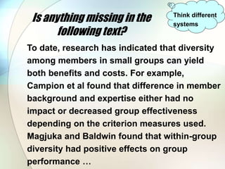 Is anything missing in the
following text?
To date, research has indicated that diversity
among members in small groups ca...