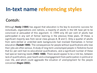 In-text name referencing styles
Contoh:
 