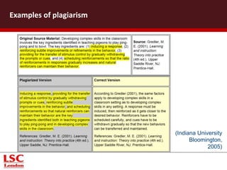 Examples of plagiarism
(Indiana University
Bloomington,
2005)
 