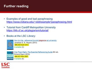 • Examples of good and bad paraphrasing
https://www.indiana.edu/~istd/example1paraphrasing.html
• Tutorial from Cardiff Metropolitan University
https://ilrb.cf.ac.uk/plagiarism/tutorial/
• Books at the LSC Library:
Further reading
 
