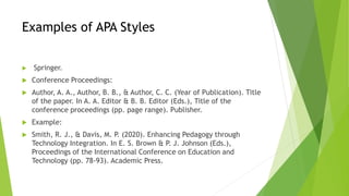Examples of APA Styles
 Springer.
 Conference Proceedings:
 Author, A. A., Author, B. B., & Author, C. C. (Year of Publication). Title
of the paper. In A. A. Editor & B. B. Editor (Eds.), Title of the
conference proceedings (pp. page range). Publisher.
 Example:
 Smith, R. J., & Davis, M. P. (2020). Enhancing Pedagogy through
Technology Integration. In E. S. Brown & P. J. Johnson (Eds.),
Proceedings of the International Conference on Education and
Technology (pp. 78-93). Academic Press.
 