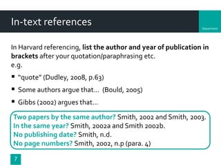Department
In-text references
7
In Harvard referencing, list the author and year of publication in
brackets after your quotation/paraphrasing etc.
e.g.
 “quote” (Dudley, 2008, p.63)
 Some authors argue that… (Bould, 2005)
 Gibbs (2002) argues that…
Two papers by the same author? Smith, 2002 and Smith, 2003.
In the same year? Smith, 2002a and Smith 2002b.
No publishing date? Smith, n.d.
No page numbers? Smith, 2002, n.p (para. 4)
 