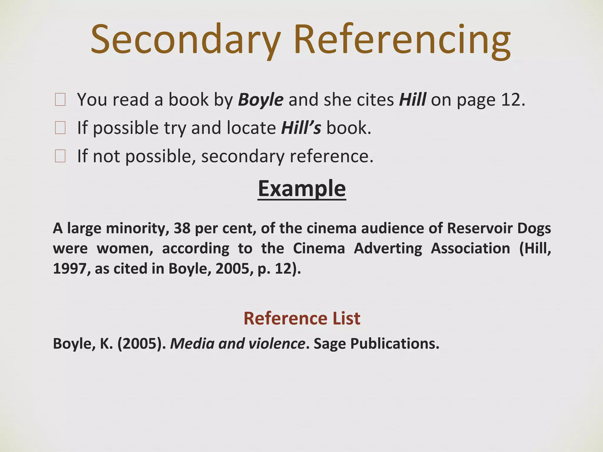 Secondary Referencing
🙢 You read a book by Boyle and she cites Hill on page 12.
🙢 If possible try and locate Hill’s book.
🙢 If not possible, secondary reference.
Example
A large minority, 38 per cent, of the cinema audience of Reservoir Dogs
were women, according to the Cinema Adverting Association (Hill,
1997, as cited in Boyle, 2005, p. 12).
Reference List
Boyle, K. (2005). Media and violence. Sage Publications.
 