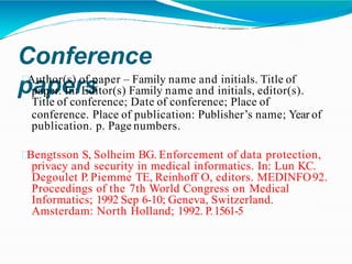 Conference
papers
Author(s) of paper – Family name and initials. Title of
paper. In: Editor(s) Family name and initials, editor(s).
Title of conference; Date of conference; Place of
conference. Place of publication: Publisher’s name; Year of
publication. p. Page numbers.
Bengtsson S, Solheim BG. Enforcement of data protection,
privacy and security in medical informatics. In: Lun KC.
Degoulet P. Piemme TE, Reinhoff O, editors. MEDINFO92.
Proceedings of the 7th World Congress on Medical
Informatics; 1992 Sep 6-10; Geneva, Switzerland.
Amsterdam: North Holland; 1992. P.1561-5
 