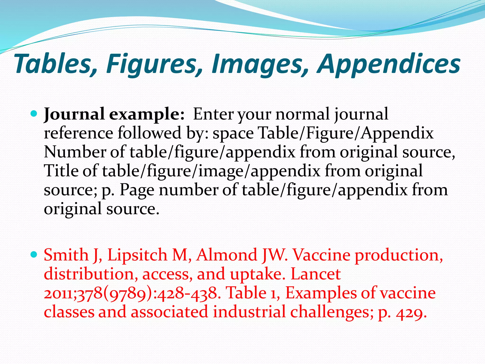 Tables, Figures, Images, Appendices
 Journal example: Enter your normal journal
reference followed by: space Table/Figure/Appendix
Number of table/figure/appendix from original source,
Title of table/figure/image/appendix from original
source; p. Page number of table/figure/appendix from
original source.
 Smith J, Lipsitch M, Almond JW. Vaccine production,
distribution, access, and uptake. Lancet
2011;378(9789):428-438. Table 1, Examples of vaccine
classes and associated industrial challenges; p. 429.
 