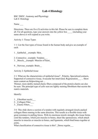 Lab 4 Histology
BSC 2085C: Anatomy and Physiology
Lab 4: Histology
Name ___
Directions: There are five (5) activities in this lab. Please be sure to complete them
all. For all questions, type your answers into the yellow box ____ (including your
name above) it will expand as you write.
Activity 1: Tissue Types
1 1: List the four types of tissue found in the human body and give an example of
each.
1. _Epithelial__example: Skin_
2. Connective_ example: Tendons___
3. _Muscle__example: Muscles of heart_
4. _Nervous_example: Brain__
Activity 2: Epithelial tissue
2 1: What are the characteristics of epithelial tissue? _Polarity, Specialized contacts,
Supported of connective tissue, Avascular but innervated, Regeneration___... Show
more content on Helpwriting.net ...
Thinner, more darkly stained elastic fibers composed of the protein elastin can also
be seen. The principal type of cells seen are lightly staining fibroblasts that secrete the
matrix materials.
Identify:
1. _Fibroblast nuclei___
2. _Collagen Fiber___
3. _Elastic Fibers___
3 6: This slide shows a section of a tendon with regularly arranged closely packed
collagen fibers running in the same direction. This results in a flexible tissue with
great resistance to pulling forces. With its enormous tensile strength, this tissue forms
cord like tendons, which join muscles to bones, sheet like aponeuroses, which attach
muscles to muscles or muscles to bones, and ligaments, which bind bones together at
joints.
What classification of connective tissue is this? _Dense regular___
 