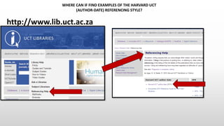 WHERE CAN IF FIND EXAMPLES OF THE HARVARD UCT
(AUTHOR-DATE) REFERENCING STYLE?
http://www.lib.uct.ac.za
 