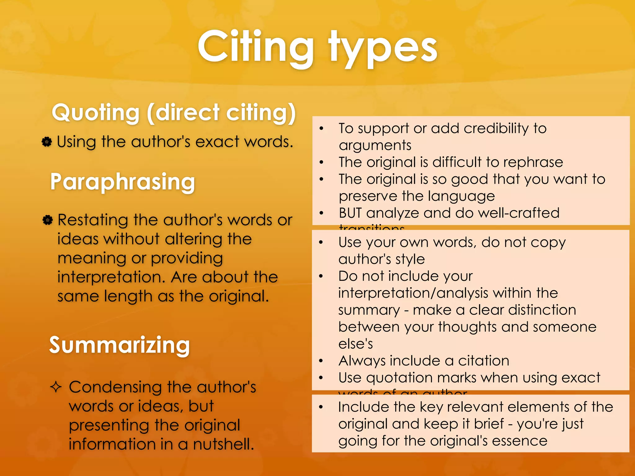 Citing types 
Quoting (direct citing) 
 Using the author's exact words. 
Paraphrasing 
 Restating the author's words or 
ideas without altering the 
meaning or providing 
interpretation. Are about the 
same length as the original. 
Summarizing 
 Condensing the author's 
words or ideas, but 
presenting the original 
information in a nutshell. 
• To support or add credibility to 
arguments 
• The original is difficult to rephrase 
• The original is so good that you want to 
preserve the language 
• BUT analyze and do well-crafted 
transitions 
• Use your own words, do not copy 
author's style 
• Do not include your 
interpretation/analysis within the 
summary - make a clear distinction 
between your thoughts and someone 
else's 
• Always include a citation 
• Use quotation marks when using exact 
words of an author 
• Include the key relevant elements of the 
original and keep it brief - you're just 
going for the original's essence 
 