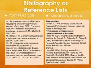 Bibliography or 
Reference Lists 
 ГОСТ Р7.0.5 2008 
Монография: 
Rumelt R. 1974. Strategy, Structure and 
Economic Performance. Harvard University 
Press: Cambridge, MA. 
Публикация в сборнике или 
продолжающемся издании: 
Porter M. 1994. Toward a dynamic theory of 
strategy. In: Rumelt R., Schendel D., Teece D. 
(eds.). Fundamental Issues in Strategy: A 
Research Agenda. Harvard Business School 
Press: Boston, MA; 423–461. 
Статья: 
Hamel G. 1996. Strategy as revolution. 
Harvard Business Review 74 (4): 69–80. 
Barlett C., Goshal S. 1993. Beyond the M-form, 
towards a managerial theory of the firm. 
Strategic Management Journal 14 (Winter 
Special issue): 23–46. 
14. Экономика и политика России и 
государств ближнего зарубежья: 
аналит. обзор, апр. 2007 / Рос. акад. 
наук, Ин-т мировой экономики и 
междунар. отношений. М.,: ИМЭМО, 
2007. 39 с. 
16. Валукин М. Е. Эволюция движений 
в мужском классическом танце. М.: 
ГИТИС, 2006. 251 с. 
17. Об индивидуальной помощи в 
получении образования: (О 
содействии образованию): федер. 
закон Федератив. Респ. Германия от 1 
апр. 2001 г. // Образовательное 
законодательство зарубежных стран. 
— М., 2003. — Т. 3. — С. 422—464. 
 What does RJM expect? 
 