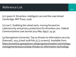 LibraryDepartment
Reference List
(1) Lipson H. Driverless: intelligent cars and the road ahead.
Cambridge: MIT Press; 2016.
(2) Lee C. Grabbing the wheel early: moving forward on
cybersecurity and privacy protections for driverless cars. Federal
Communications LawJournal 2017 Mar; 69(1): 25-30.
(3) Georgetown University. Top 10 threats to information security.
[Internet]. 2014 [cited 2018 Feb 7]; [2 screens]. Available from:
https://scsonline.georgetown.edu/programs/masters-technology-
management/resources/top-threats-to-information-technology
 