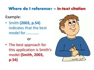 Where do I reference? – in-text citation
Example:
• Smith (2003, p.54)
indicates that the best
model for ............
or
• The best approach for
this application is Smith’s
model (Smith, 2003,
p.54)
 