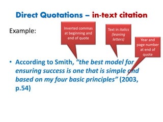 Direct Quotations – in-text citation
Example:
• According to Smith, “the best model for
ensuring success is one that is simple and
based on my four basic principles” (2003,
p.54)
Inverted commas
at beginning and
end of quote
Text in italics
(leaning
letters) Year and
page number
at end of
quote
 