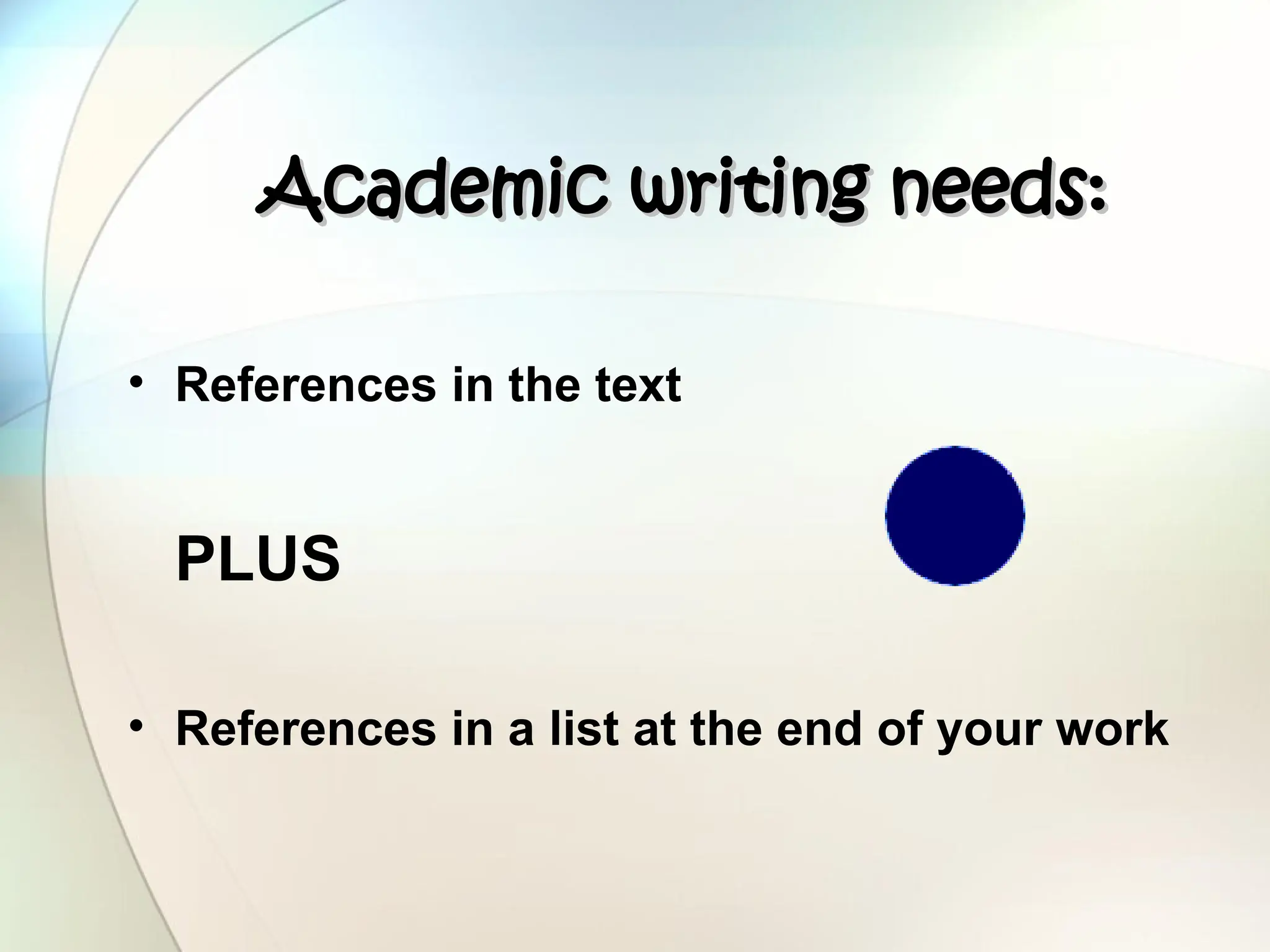 Academic writing needs:
Academic writing needs:
• References in the text
PLUS
• References in a list at the end of your work
 
