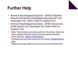 Further Help
• American Psychological Association. (2009). Publication
Manual of the American Psychological Association (6th ed.).
Washington, DC: Author. Refer to chapters 6 & 7.
• American Psychological Association. (2010). Concise rules
of APA style (6th ed.). Washington, DC: Author. Refer to
chapters 7 & 8.
• Note: These books can be borrowed from the Library. Submit an
online request and items will be express posted to students
within Australia. Submit a Book Request.
Full details are set under services on the Library’s Student Portal
page.
Students are responsible for any cost to return borrowed items.
 