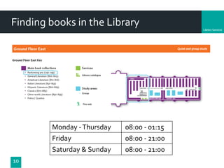 Department
10
Finding books in the Library
Monday -Thursday 08:00 - 01:15
Friday 08:00 - 21:00
Saturday & Sunday 08:00 - 21:00
 