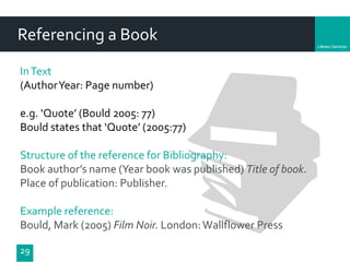 Department
Referencing a Book
29
InText
(AuthorYear: Page number)
e.g. ‘Quote’ (Bould 2005: 77)
Bould states that ‘Quote’ (2005:77)
Structure of the reference for Bibliography:
Book author’s name (Year book was published) Title of book.
Place of publication: Publisher.
Example reference:
Bould, Mark (2005) Film Noir. London:Wallflower Press
 