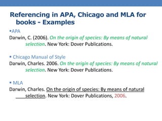 Referencing in APA, Chicago and MLA for
books - Examples
APA
Darwin, C. (2006). On the origin of species: By means of natural
selection. New York: Dover Publications.
 Chicago Manual of Style
Darwin, Charles. 2006. On the origin of species: By means of natural
selection. New York: Dover Publications.
 MLA
Darwin, Charles. On the origin of species: By means of natural
selection. New York: Dover Publications, 2006.
 