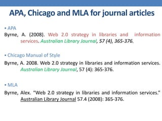 APA, Chicago and MLA for journal articles
 APA
Byrne, A. (2008). Web 2.0 strategy in libraries and information
services. Australian Library Journal, 57 (4), 365-376.
 Chicago Manual of Style
Byrne, A. 2008. Web 2.0 strategy in libraries and information services.
Australian Library Journal, 57 (4): 365-376.
 MLA
Byrne, Alex. “Web 2.0 strategy in libraries and information services.”
Australian Library Journal 57.4 (2008): 365-376.
 