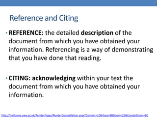 Reference and Citing
• REFERENCE: the detailed description of the
document from which you have obtained your
information. Referencing is a way of demonstrating
that you have done that reading.
• CITING: acknowledging within your text the
document from which you have obtained your
information.
http://iskillzone.uwe.ac.uk/RenderPages/RenderConstellation.aspx?Context=10&Area=8&Room=25&Constellation=80
 