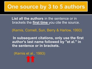 List all the authors in the sentence or in
brackets the first time you cite the source.
(Kernis, Cornell, Sun, Berry & Harlow, 1993)
In subsequent citations, only use the first
author's last name followed by "et al." in
the sentence or in brackets.
(Kernis et al., 1993)
 