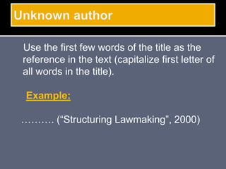 Use the first few words of the title as the
reference in the text (capitalize first letter of
all words in the title).
Example:
“ ………. (“Structuring Lawmaking”, 2000)
 