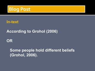 In-text
According to Grohol (2006)
OR
Some people hold different beliefs
(Grohol, 2006).
Blog Post
 