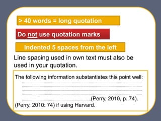 Line spacing used in own text must also be
used in your quotation.
> 40 words = long quotation
Indented 5 spaces from the left
The following information substantiates this point well:
…………………………………………………………………………………………………….
…………………………………………………………………………………………………….
…………………………………………………………………………………………………….
…………………………………………………………………………………………………….
…………………………………………………………(Perry, 2010, p. 74).
(Perry, 2010: 74) if using Harvard.
Do not use quotation marks
 