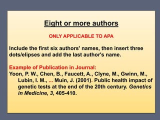Eight or more authors
ONLY APPLICABLE TO APA
Include the first six authors' names, then insert three
dots/elipses and add the last author's name.
Example of Publication in Journal:
Yoon, P. W., Chen, B., Faucett, A., Clyne, M., Gwinn, M.,
Lubin, I. M., ... Muin, J. (2001). Public health impact of
genetic tests at the end of the 20th century. Genetics
in Medicine, 3, 405-410.
 