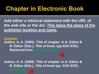 Add either a retrieval statement with the URL of
the web site or the doi. This takes the place of the
publisher location and name.
Examples:
Author, A. A. (2000). Title of chapter. In A. Editor &
B. Editor (Eds.), Title of book, (pp.XXX-XXX).
Retrieved from http://www.xxxx
Author, A. A. (2000). Title of chapter. In A. Editor &
B. Editor (Eds.), Title of book (pp. XXX-XXX).
doi:XXXXX
 