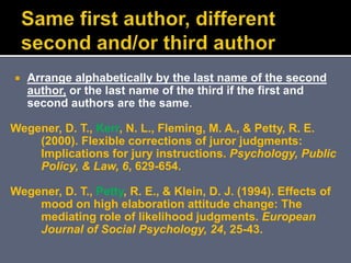  Arrange alphabetically by the last name of the second
author, or the last name of the third if the first and
second authors are the same.
Wegener, D. T., Kerr, N. L., Fleming, M. A., & Petty, R. E.
(2000). Flexible corrections of juror judgments:
Implications for jury instructions. Psychology, Public
Policy, & Law, 6, 629-654.
Wegener, D. T., Petty, R. E., & Klein, D. J. (1994). Effects of
mood on high elaboration attitude change: The
mediating role of likelihood judgments. European
Journal of Social Psychology, 24, 25-43.
 