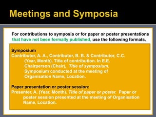 For contributions to symposia or for paper or poster presentations
that have not been formally published, use the following formats.
Symposium
Contributor, A. A., Contributor, B. B. & Contributor, C.C.
(Year, Month). Title of contribution. In E.E.
Chairperson (Chair), Title of symposium.
Symposium conducted at the meeting of
Organisation Name, Location.
Paper presentation or poster session:
Presenter, A. (Year, Month). Title of paper or poster. Paper or
poster session presented at the meeting of Organisation
Name, Location.
 