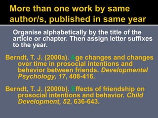 Organise alphabetically by the title of the
article or chapter. Then assign letter suffixes
to the year.
Berndt, T. J. (2000a). Age changes and changes
over time in prosocial intentions and
behavior between friends. Developmental
Psychology, 17, 408-416.
Berndt, T. J. (2000b). Effects of friendship on
prosocial intentions and behavior. Child
Development, 52, 636-643.
 
