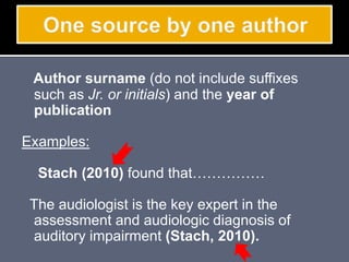 Author surname (do not include suffixes
such as Jr. or initials) and the year of
publication
Examples:
Stach (2010) found that……………
The audiologist is the key expert in the
assessment and audiologic diagnosis of
auditory impairment (Stach, 2010).
 