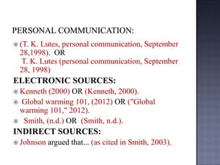  (T.

K. Lutes, personal communication, September
28,1998). OR
T. K. Lutes (personal communication, September
28, 1998)

ELECTRONIC SOURCES:
 Kenneth

(2000) OR (Kenneth, 2000).
 Global warming 101, (2012) OR ("Global
warming 101," 2012).
 Smith, (n.d.) OR (Smith, n.d.).

INDIRECT SOURCES:
 Johnson

argued that... (as cited in Smith, 2003).

 