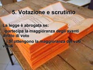 5. Votazione e scrutinio L a legge è abrogata se:  -partecipa la maggioranza degli aventi diritto di voto - i SI ottengono la maggioranza dei voti validi 