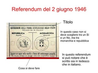 Referendum del 2 giugno 1946 In questo referendum si può notare che è scritto sia in tedesco che in italiano. Titolo Cosa si deve fare In questo caso non si deve scegliere tra un Sì e un No, ma tra monarchia e repubblica 