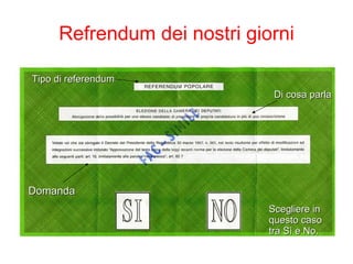 Refrendum dei nostri giorni Tipo di referendum Di cosa parla Domanda Scegliere in  questo caso  tra Sì e No. 