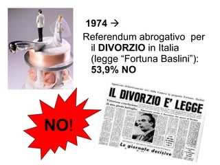 1974      Referendum abrogativo  per il  DIVORZIO  in Italia (legge  “Fortuna Baslini”):  53,9% NO NO ! 