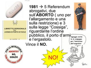1981     5 Referendum abrogativi, due sull ’ ABORTO  ( uno per l’allargamento e una sulla restrizione) e 3 sulla legge “Cossiga”, riguardante l’ordine pubblico, il porto d’armi e l’ergastolo.  Vince il  NO. NO! 