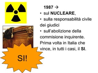 1987      sul  NUCLEARE ,  sulla responsabilità civile dei giudici s ull ’ abolizione della  commisione inquirente.  Prima volta in Italia che  vince, in tutti i casi, il  SI . SI! 