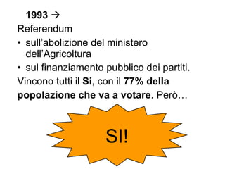 1993      Referendum  sull ’ abolizione del ministero dell ’ Agricoltura s ul finanziamento pubblico dei partiti. Vincono tutti il  Si , con il  77% della popolazione che va a votare . Però… SI! 