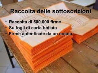 Raccolta delle sottoscrizioni Raccolta di 500.000 firme Su fogli di carta bollata Firme autenticate da un notaio 