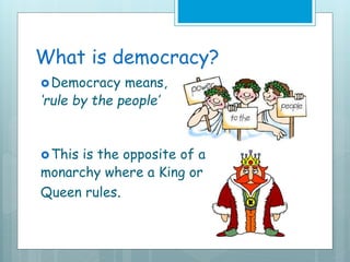 What is democracy?
Democracy means,
‘rule by the people’
This is the opposite of a
monarchy where a King or
Queen rules.
 