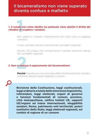 Il bicameralismo non viene superato
diventa confuso e malfatto
Non saranno i cittadini, direttamente con il loro voto, a scegliere
i senatori.
I nuovi senatori verrano nominati dai consiglieri regionali.
Anche i 22 sindaci che comporranno il senato verranno indicati
dai consiglieri regionali.
Perché il senato, pur non essendo eletto direttamente dai cittadini,
mantiene rilevanti poteri legislativi ordinari.
Revisione della Costituzione, leggi costituzionali,
leggiordinarieatuteladelleminoranzelinguistiche,
referendum, leggi elettorali, organi di governo
e funzioni fondamentali di comuni, province,
città metropolitane, ratifica trattati UE, rapporti
UE/regioni ed intese internazionali, eleggibilità
senatori, Roma, patrimonio enti territoriali, poteri
sostitutivi dello Stato, leggi elettorali regionali, sul
cambio di regione di un comune
11. Il senato non viene abolito ma piuttosto viene abolito il diritto dei
cittadini di scegliere i senatori.
22. Non si realizza il superamento del bicameralismo
9
 