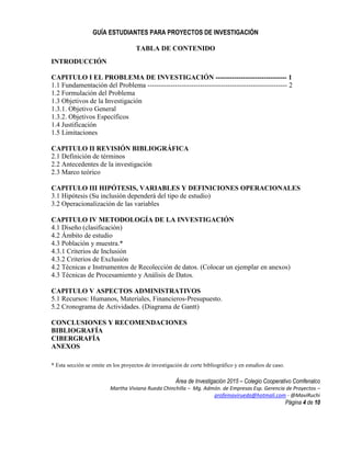 GUÍA ESTUDIANTES PARA PROYECTOS DE INVESTIGACIÓN
Área de Investigación 2015 – Colegio Cooperativo Comfenalco
Martha Viviana Rueda Chinchilla – Mg. Admón. de Empresas Esp. Gerencia de Proyectos –
profemavirueda@hotmali.com - @MaviRuchi
Página 4 de 10
TABLA DE CONTENIDO
INTRODUCCIÓN
CAPITULO I EL PROBLEMA DE INVESTIGACIÓN ------------------------------- 1
1.1 Fundamentación del Problema ------------------------------------------------------------- 2
1.2 Formulación del Problema
1.3 Objetivos de la Investigación
1.3.1. Objetivo General
1.3.2. Objetivos Específicos
1.4 Justificación
1.5 Limitaciones
CAPITULO II REVISIÓN BIBLIOGRÁFICA
2.1 Definición de términos
2.2 Antecedentes de la investigación
2.3 Marco teórico
CAPITULO III HIPÓTESIS, VARIABLES Y DEFINICIONES OPERACIONALES
3.1 Hipótesis (Su inclusión dependerá del tipo de estudio)
3.2 Operacionalización de las variables
CAPITULO IV METODOLOGÍA DE LA INVESTIGACIÓN
4.1 Diseño (clasificación)
4.2 Ámbito de estudio
4.3 Población y muestra.*
4.3.1 Criterios de Inclusión
4.3.2 Criterios de Exclusión
4.2 Técnicas e Instrumentos de Recolección de datos. (Colocar un ejemplar en anexos)
4.3 Técnicas de Procesamiento y Análisis de Datos.
CAPITULO V ASPECTOS ADMINISTRATIVOS
5.1 Recursos: Humanos, Materiales, Financieros-Presupuesto.
5.2 Cronograma de Actividades. (Diagrama de Gantt)
CONCLUSIONES Y RECOMENDACIONES
BIBLIOGRAFÍA
CIBERGRAFÍA
ANEXOS
* Esta sección se omite en los proyectos de investigación de corte bibliográfico y en estudios de caso.
 