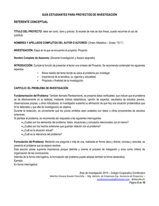 GUÍA ESTUDIANTES PARA PROYECTOS DE INVESTIGACIÓN
Área de Investigación 2015 – Colegio Cooperativo Comfenalco
Martha Viviana Rueda Chinchilla – Mg. Admón. de Empresas Esp. Gerencia de Proyectos –
profemavirueda@hotmali.com - @MaviRuchi
Página 5 de 10
REFERENTE CONCEPTUAL
TITULO DEL PROYECTO: debe ser corto, claro y preciso. Si excede de más de dos líneas, puede recurrirse al uso de
subtítulo.
NOMBRES Y APELLIDOS COMPLETOS DEL AUTOR O AUTORES: (Orden Alfabético – Grado “10-1”)
INVESTIGACIÓN: Etapa en la que se encuentra el proyecto: Proyecto
Nombre Completo de Asesores: (Docente Investigación y Asesor asignado)
INTRODUCCIÓN: Cumple la función de presentar al lector una síntesis del Proyecto. Se recomienda contemplar los siguientes
aspectos:
• Breve reseña del tema donde se ubica el problema por investigar.
• Importancia de la temática, su vigencia y actualidad.
• Propósito o finalidad de la investigación
CAPITULO I EL PROBLEMA DE INVESTIGACIÓN
Fundamentación del Problema: También llamado Planteamiento, se presenta datos verificables, que indican que el problema
se da efectivamente en la realidad, mediante índices estadísticos, opinión de expertos, resultados de estudios previos,
observaciones propias, u otros indicadores, el investigador sustenta su afirmación de que hay una situación problemática que
él ha detectado y que ella (la investigación) es objetiva.
Durante la redacción, es conveniente que los juicios emitidos sean avalados con datos o cifras provenientes de estudios
anteriores.
Al plantear el problema, se recomienda dar respuesta a las siguientes interrogantes:
 ¿Cuáles son los elementos del problema: datos, situaciones y conceptos relacionados con el mismo?
 ¿Cuáles son los hechos anteriores que guardan relación con el problema?
 ¿Cuál es la situación actual?
 ¿Cuál es la relevancia del problema?
Formulación del Problema: Mediante una pregunta o más de una, realizada en forma clara y directa, concisa y concreta, se
presenta el problema que se espera resolver.
Esta sección posee suprema importancia porque delimita y orienta el proceso de indagación y sirve como criterio de
organización de las conclusiones.
Además de la forma interrogativa, la formulación del problema puede adoptar también la forma declarativa.
Ejemplo:
En forma interrogativa:
 