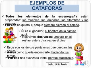 EJEMPLOS DE
CATAFORAS
 Todos los elementos de la escenografía están
preparados: los muebles, las lámparas, las alfombras y los
cuadros. Por eso no quiero ir, porque siempre pierden el tiempo.
 Él es el ganador, el hombre de la camisa
azul.
 Nos vimos dos veces: una vez en el
restaurante y otra vez en el cine.
 Esos son los únicos pantalones que quedan, los
azules. Así es como quería encontrarte, haciendo tus
tareas.
 Por eso has avanzado tanto, porque practicaste.
Lcda. Libia Prada
 