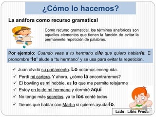 ¿Cómo lo hacemos?
La anáfora como recurso gramatical
Como recurso gramatical, los términos anafóricos son
aquellos elementos que tienen la función de evitar la
permanente repetición de palabras.
Por ejemplo: Cuando veas a tu hermano dile que quiero hablarle. El
pronombre “le” alude a “tu hermano” y se usa para evitar la repetición.
 Tienes que hablar con Martín si quieres ayudarlo.
 Juan olvidó su parlamento. Lo notamos enseguida.
 Perdí mi cartera. Y ahora, ¿cómo la encontraremos?
 El bowling es mi hobbie, es lo que me permite relajarme
 Estoy en lo de mi hermana y dormiré aquí
 No tengo más secretos, ya te los conté todos.
Lcda. Libia Prada
 