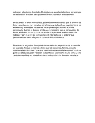 subyacen a los textos de estudio. El objetivo era que el estudiante se apropiara de
las estructuras textuales para poder desarrollar y construir textos escritos.



De acuerdo a lo antes mencionado, podemos concluir diciendo que el proceso de
lecto – escritura, es muy complejo por sí mismo y si el profesor no proporciona los
elementos y estrategias necesarias, hace que este proceso sea aún más
complicado. Cuando el docente brinda apoyo necesario para la construcción de
textos, el alumno poco a poco se hace más independiente en el momento de
redactar y con el apoyo de su maestro será más fácil para él ordenar sus
pensamientos e ideas y llegar a la construir de conocimientos



No solo en la asignatura de español sino en todas las asignaturas de la currícula
de su grado. Porque somos los adultos que los rodeamos , familia , escuela
quienes debemos motivar , practicar y estimular esta actividad educativa y cultural
para que ellos produzcan y deseen realizar textos y compartir de una forma u otra
, esto tan sencillo y tan maravilloso como es la producción de textos narrativos .
 